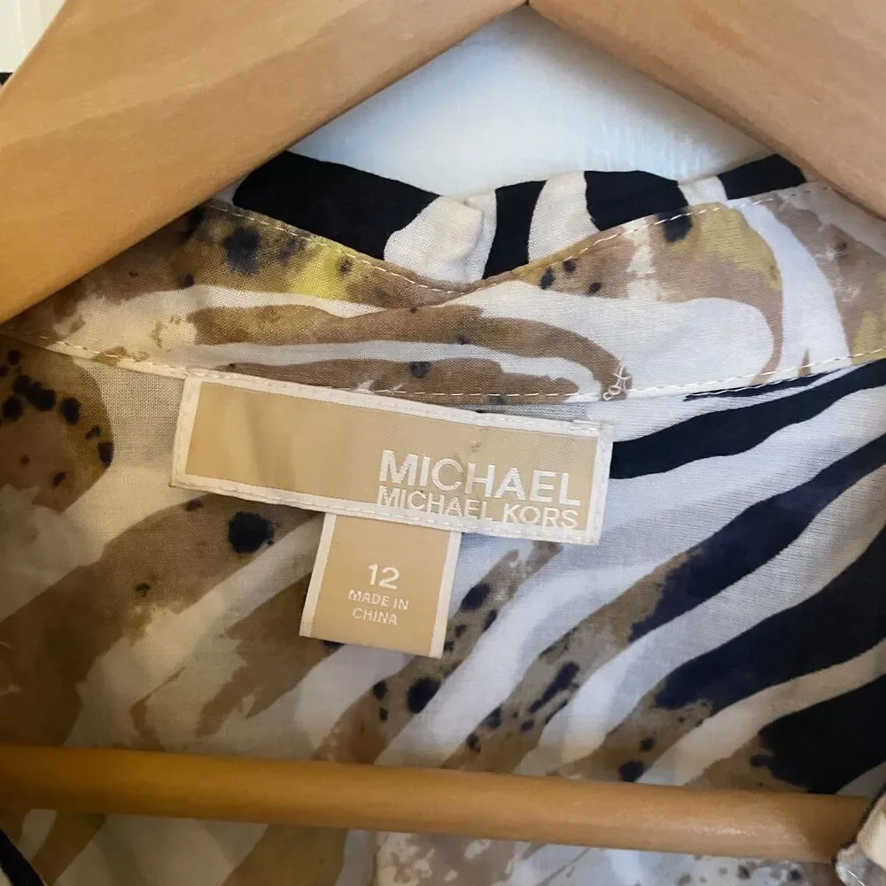 Michael Kors Button Down Top Sz 12 Animal Print Lightweight Career Office Artsy